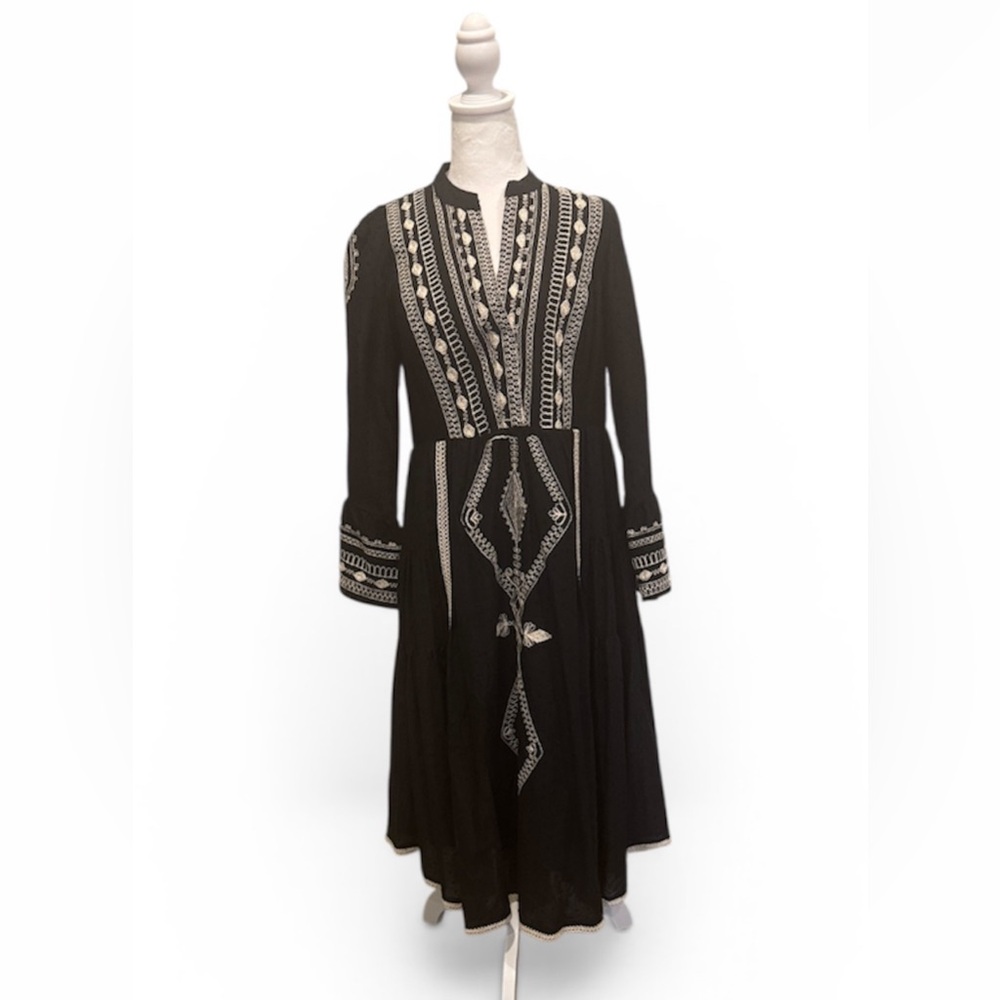 Hale Bob Black Embroidered Long Sleeve Midi Dress